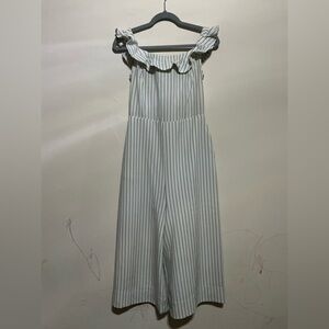 English Factory White and Black Striped Off-Shoulder Cropped Jumpsuit
